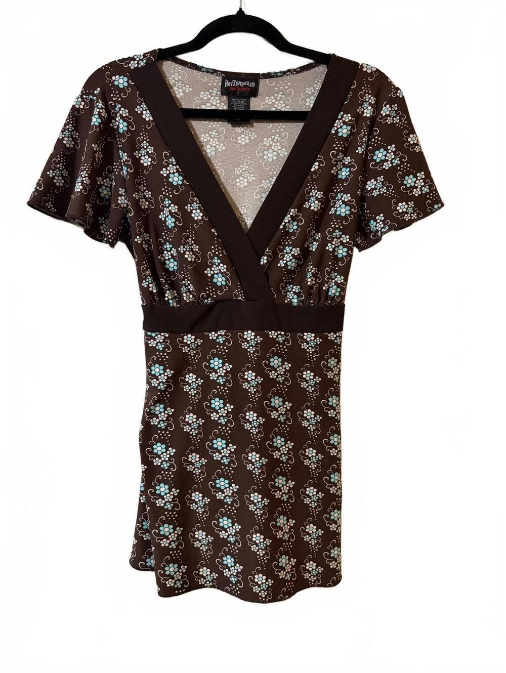 Hot Tempered Babydoll Womens Size M/L Brown Floral V-Neck Tie Back Waist